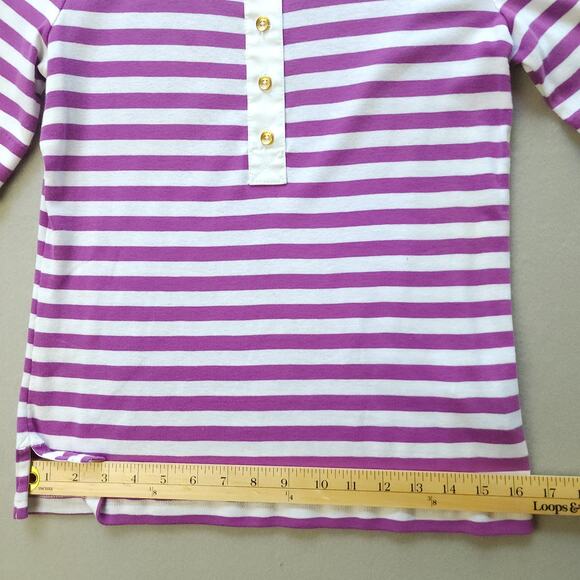 Lauren Petite Medium Cotton Pullover Buttoned Collar Purple-White Stripes - Picture 4 of 7